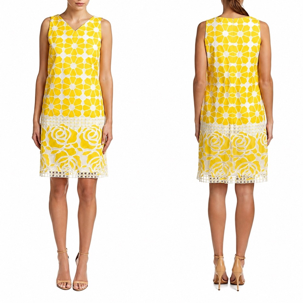 J.McLaughlin Soraya Shift Dress Yellow White Floral Geometric Lace 6